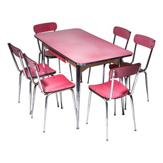 Pink Formica Dining Set of Table and Chairs, Italy, 1960s, Set of 7 For Sale
