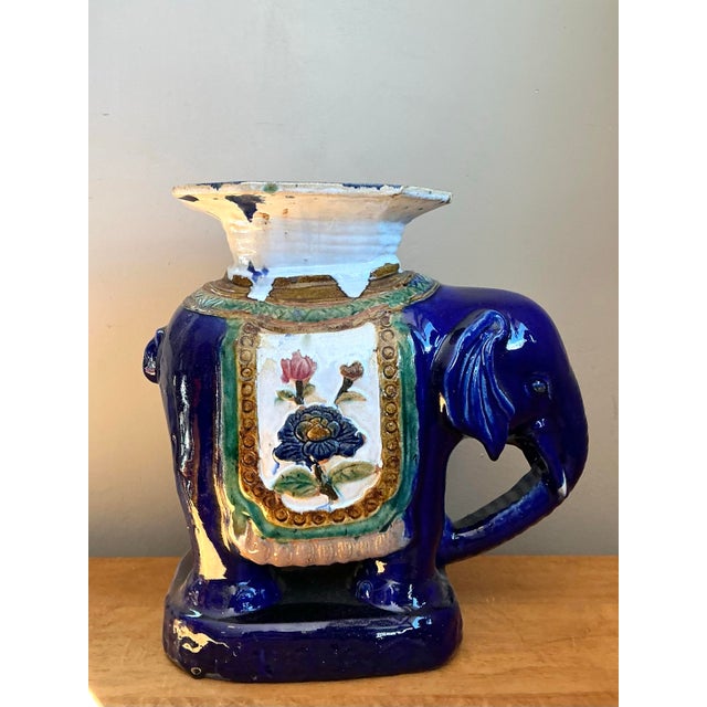 Mid-Century Modern Vintage Painted Terracotta Elephant Low Stool For Sale - Image 3 of 12