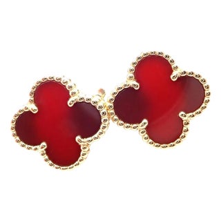 Van Cleef & Arpels Vintage Alhambra Yellow Gold Red Agate Earrings, Pair For Sale
