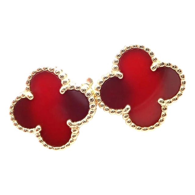 Van Cleef & Arpels Vintage Alhambra Yellow Gold Red Agate Earrings, Pair For Sale