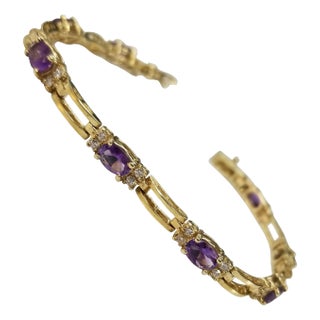 14 Karat Yellow Gold Amethyst and Diamond Bracelet For Sale
