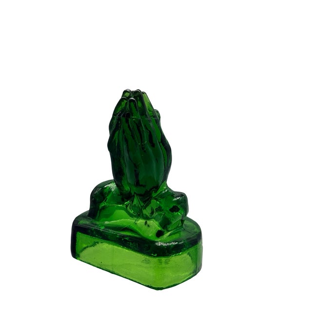 Glass Vintage Emerald Green Pressed Glass Praying Hands Sculpture For Sale - Image 7 of 11