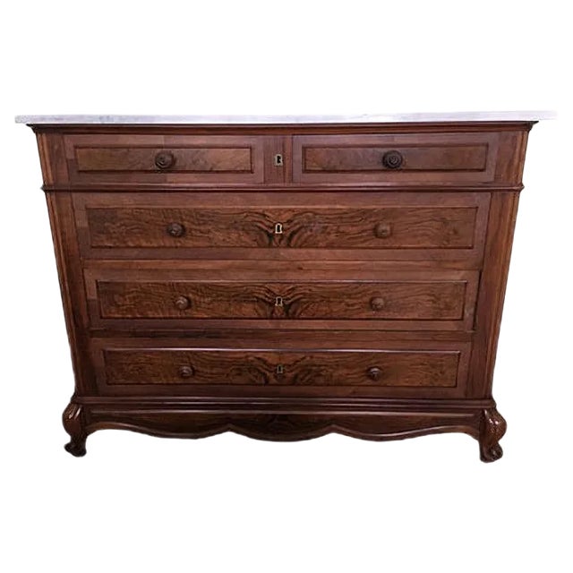 Walnut Chest of Drawers with White Marble Top, 1900s For Sale