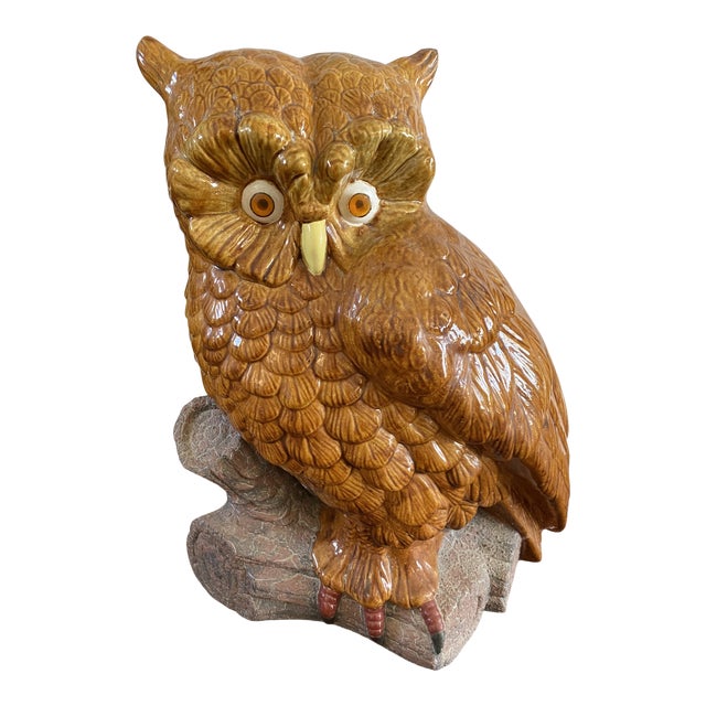 Vintage 1980s Ceramic Pottery Large Owl Statue Decor For Sale