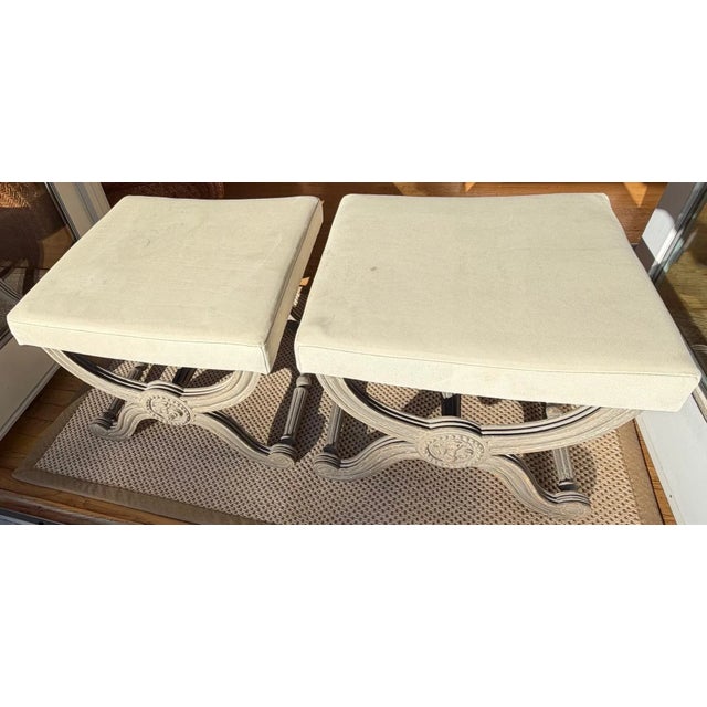 Gray Custom French Grey Painted Neo-Classic X-Style Benches, a Pair For Sale - Image 8 of 14