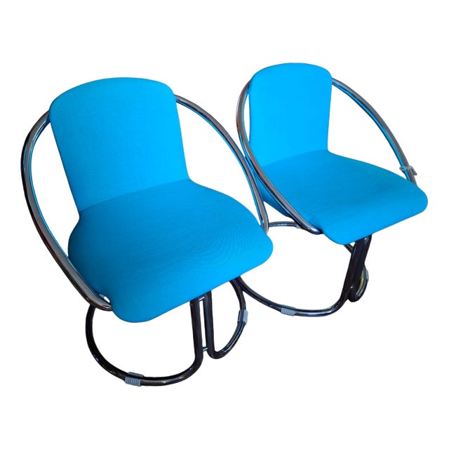 Italian Steel and in Turquoise Cotton Upholstery Armchairs, 1960s, Set of 2 For Sale