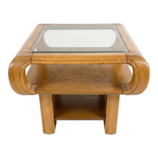 Side Table -1970s California Modern Sculptural Oak Side Table With Smoked Glass Top For Sale