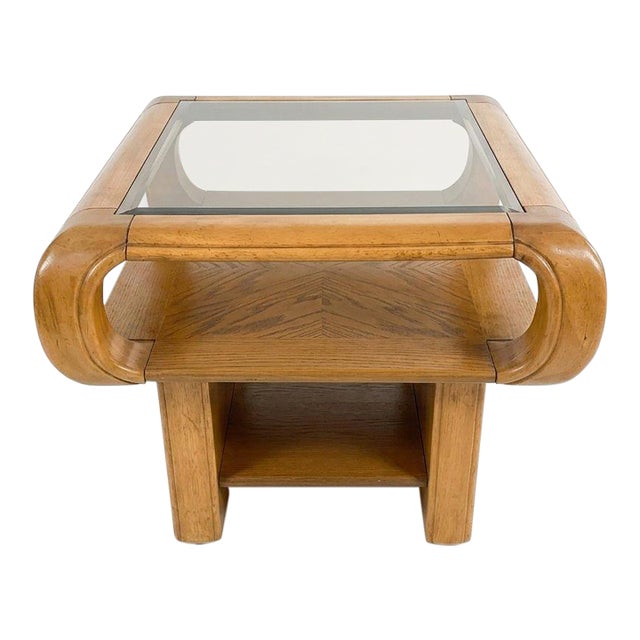 Side Table -1970s California Modern Sculptural Oak Side Table With Smoked Glass Top For Sale