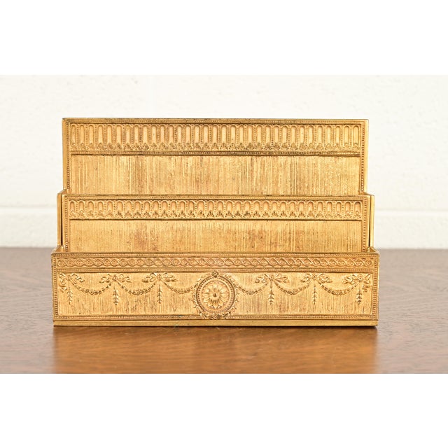 A gorgeous antique Neoclassical or Adam style gilt bronze desk letter holder rack By Tiffany Studios (signed to the...