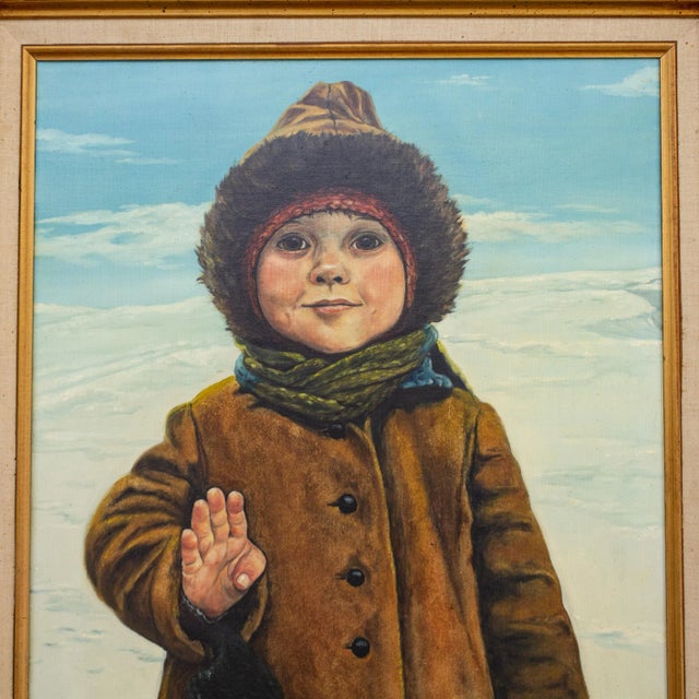 Realism Oil Portrait Painting of a Child in the Snow | Signed and Framed For Sale - Image 3 of 8
