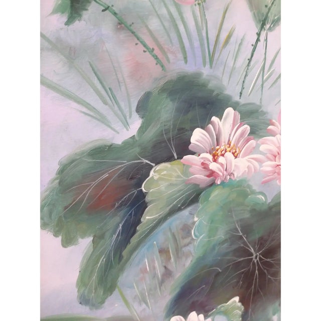Mid-Century Modern Vintage Oil Painting of Geraniums and Dragonfly For Sale - Image 3 of 7