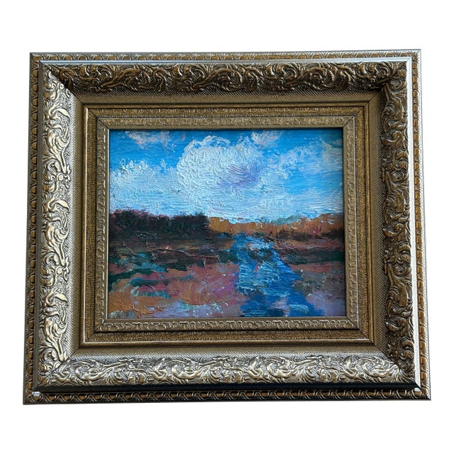 Vintage Abstract Expressionist Oil Painting of a River and Landscape in Autumn, Framed For Sale