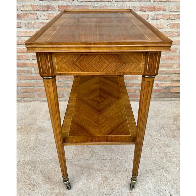 Brown Neoclassic French Marquetry Side Table With One Drawer And Wheels 1940s For Sale - Image 8 of 18