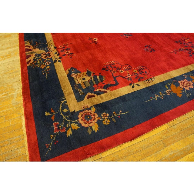 Early 20th Century 1920s Red Floral Modern Antique Chinese Art Deco Rug 9' X 9' 9'' Handknotted Wool Carpet For Sale - Image 5 of 6