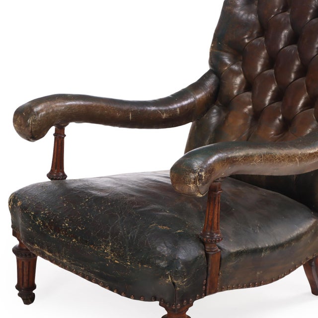 19th Century An English Walnut and Tufted Leather Library Armchair by Gillows, 19th C. For Sale - Image 5 of 8