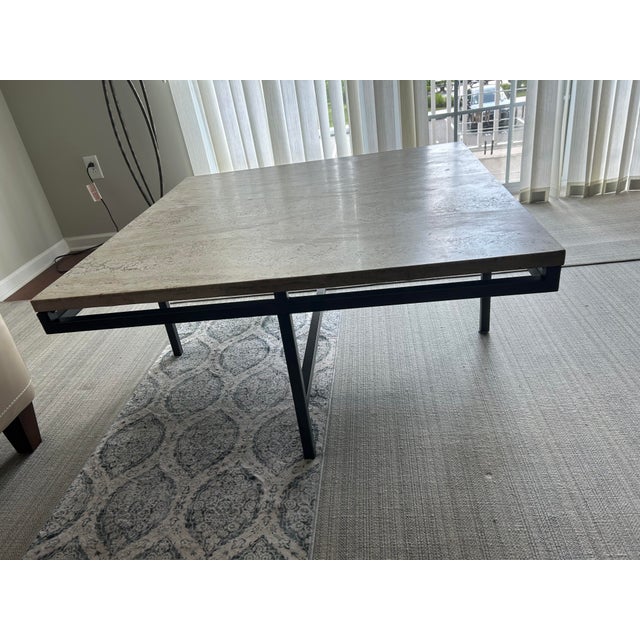 Vintage Hammary East Park Collection coffee or cocktail table. Made of travertine marble with modular steel gunmetal base....