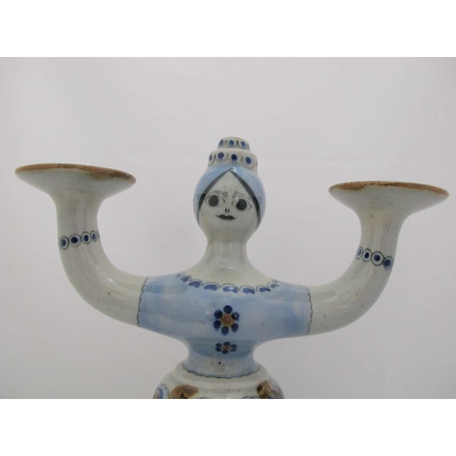 Ken Edwards El Palomar Blue Tonalá Mexican folk art pottery candelabra. Two armed candlestick in form of a female folk art...