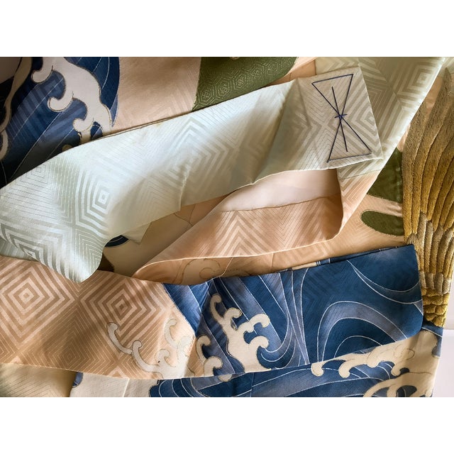 Mid Century Japanese Kimono Silk Boys Antique Hand Embroidery Navy Eagle Falcon Bird Kyoto Obi Sash Gold Foil For Sale - Image 15 of 16