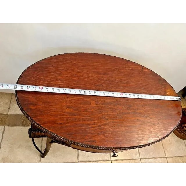 Brown 1920s Antique Wicker Rattan Bamboo Vanity Table Writing Desk Oak Oval Top Book Shelf For Sale - Image 8 of 10