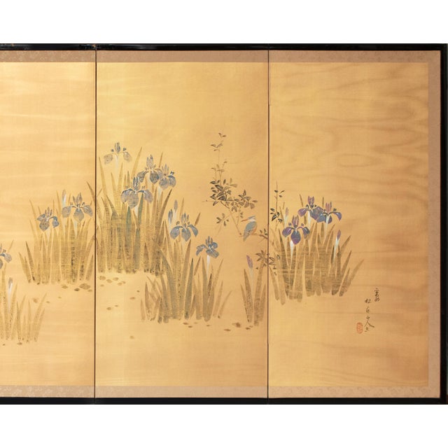 Japanese "Iris and Kingfisher", Showa Era Ogata Kōrin Style Japanese Painted Silk Byobu Screen For Sale - Image 3 of 17
