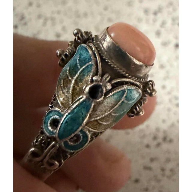 1950s Bj Beatrix Pink Coral Cloisonne Butterfly Sterling Silver Ring Size 11 For Sale - Image 4 of 6