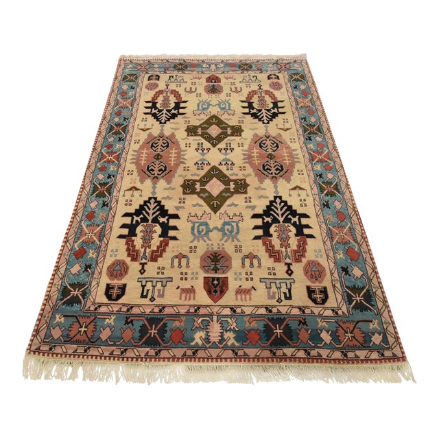 Heriz Rug 5’11” X 8’6” Ivory Wool Vintage Tribal Hand-Knotted Oriental Carpet For Sale