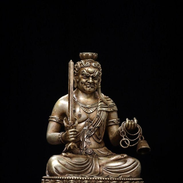 Traditional Vintage Silver-Plated Bronze Acala Statue Buddhist Fudo Myoo Sculpture 3.9" For Sale - Image 3 of 9