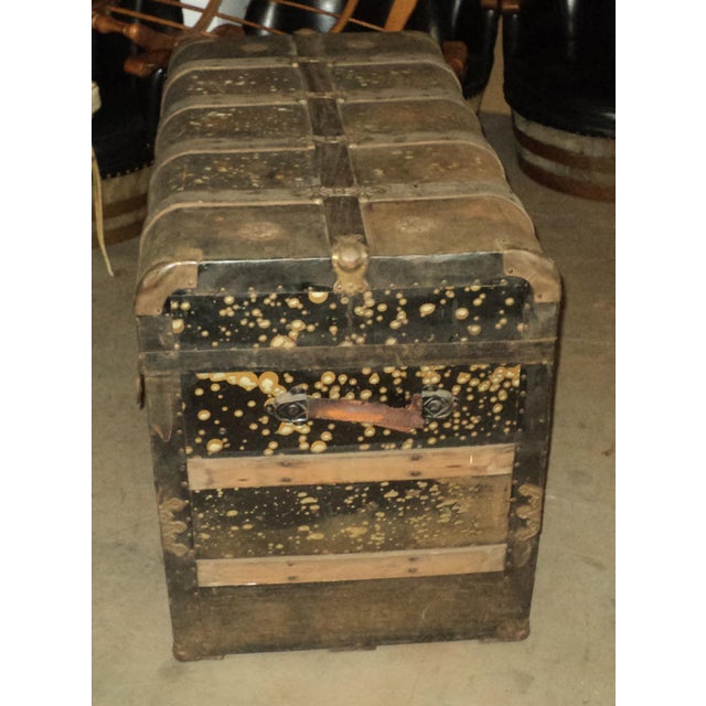 Antique Large Metal & Wood Steamer Trunk For Sale - Image 4 of 12