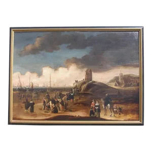 Antique Dutch School Oil on Panel Painting, Low Tide at Egmond Aan Zee
