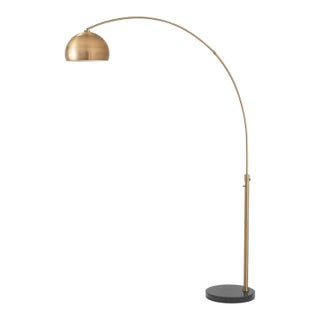 1960s Adjustable Mid Century Modern Floor Lamp - Weathered Brass Arc Lamp, Dimmable, Black Round Marble Base, Living Room For Sale