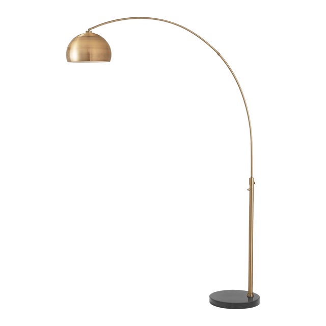 1960s Adjustable Mid Century Modern Floor Lamp - Weathered Brass Arc Lamp, Dimmable, Black Round Marble Base, Living Room For Sale