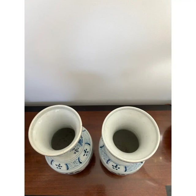 2010s Pair of Blue & White Chinoiserie Cherry Blossom Vases With Peony & Greek Key Motifs For Sale - Image 5 of 5