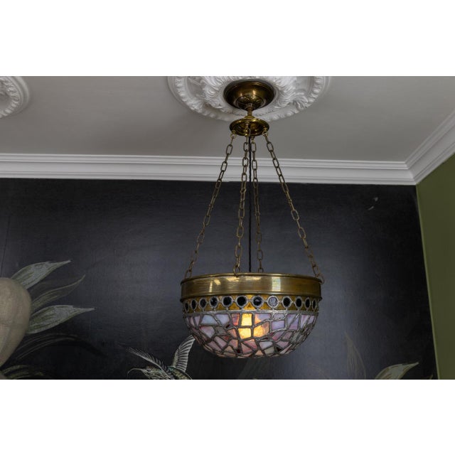 Art Nouveau French Blue and Violet Stained Glass Pendant Light, 1920s For Sale - Image 4 of 18