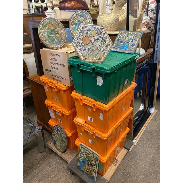 Early 1900s Antique Persian Iznik Qajar Style Ceramic Pottery Tile Hexagonal Blue Couple C5 For Sale - Image 10 of 11