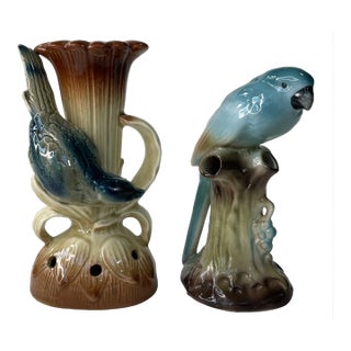 Faux Bois Bird Porcelain Vases, Mid 20th Century For Sale