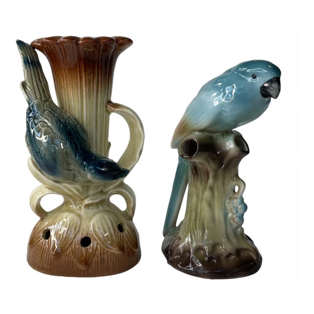 Faux Bois Bird Porcelain Vases, Mid 20th Century For Sale