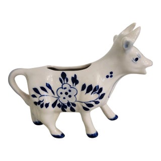 Vintage Dutch Delft Blue Hand-Painted Cow Creamer For Sale