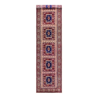 Boho Chic Panel Shirwan Red/Blue Wool Runner Rug- 3'5''x11'2'' For Sale