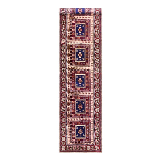 Boho Chic Panel Shirwan Red/Blue Wool Runner Rug- 3'5''x11'2'' For Sale