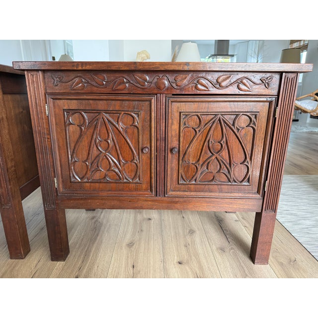 1920s Gothic Revival Hand-Carved Walnut Cabinets/Side Tables - Pair For Sale - Image 5 of 12