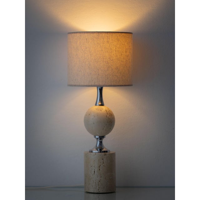 Mid-Century Modern Vintage French Travertine and Chrome Table Lamp by Philippe Barbier, 1960s For Sale - Image 3 of 11