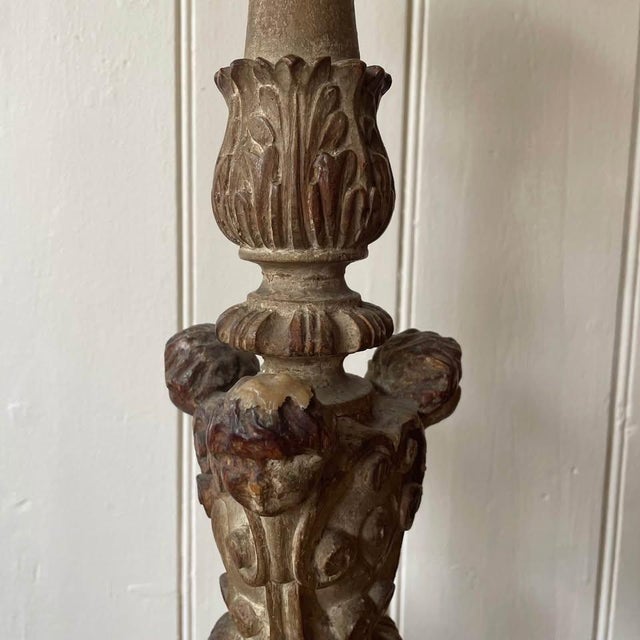Antique Italian Ecclastical Church Pricket Candlestick with Carved Acanthus and Cherubs, 1780 For Sale - Image 3 of 11