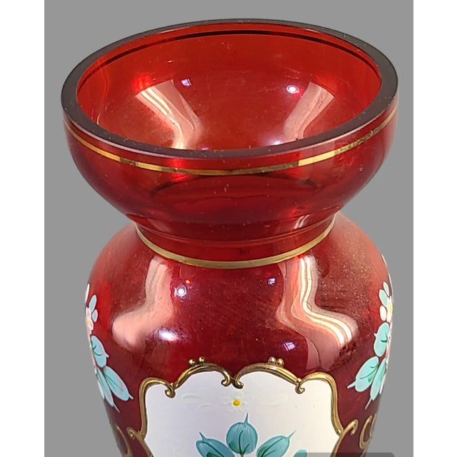 Mid 20th Century Vintage Bohemian Art Glass Cranberry Red Hand Painted Enamel Romantic Roses Vase For Sale - Image 5 of 10