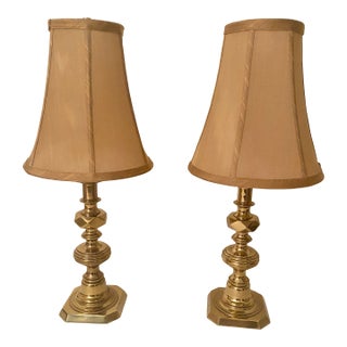Solid Brass Uniquely Intricate Candlestick Style Pair of Lamps Excellent Condition Mid 20th Century For Sale