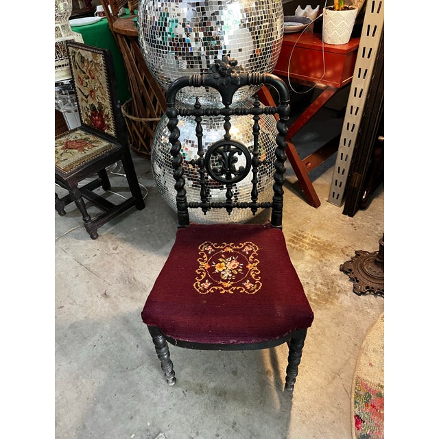 Mid-Century Modern Vintage Needlepoint Chair With Wooden Hand Carved Accents For Sale - Image 3 of 10