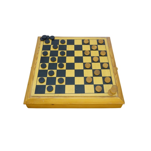 Late 20th century wooden tabletop chess board in black and natural wood tone, with two storage drawers. Includes a full 32...