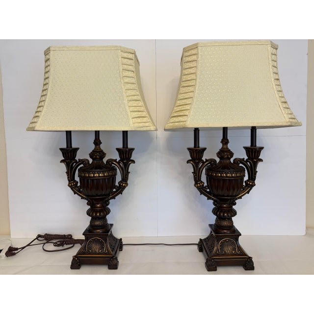 Vintage Neoclassical Bronze and Gold Candelabra Urn Table Lamps - A Pair For Sale In Boise - Image 6 of 6