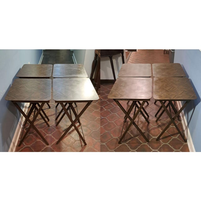 Mid 20th Century Mid-Century Modern Parquet Wood Tv Tray Tables, Set of 5 With Stand For Sale - Image 5 of 13
