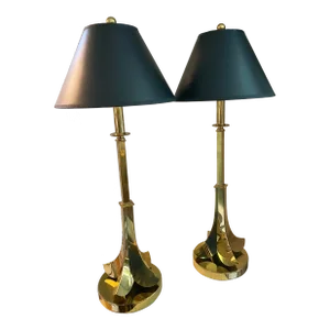 Late 20th Century Hart Associates Brass Upside Down Palm Tree Lamps With Black Shades - Set of 2