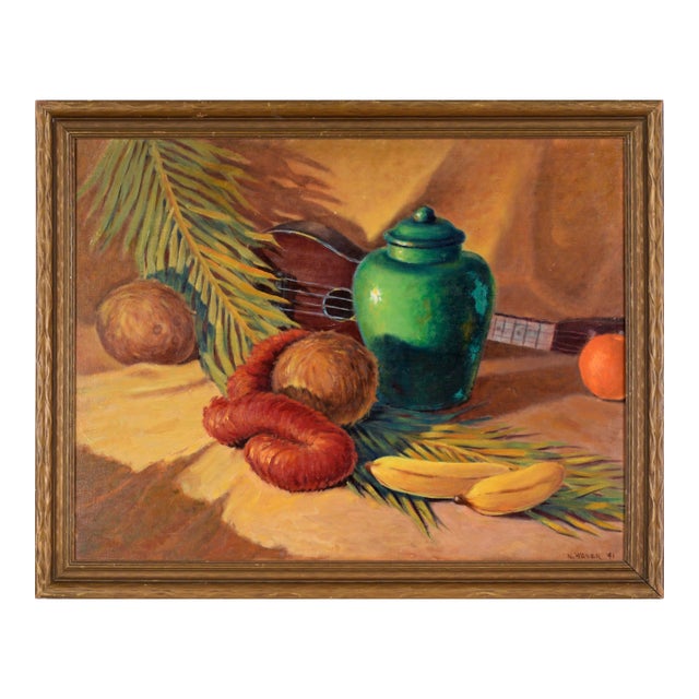 Tropical Still Life With Green Pot and Ukulele in Oil on Wood Panel by N. Weber For Sale